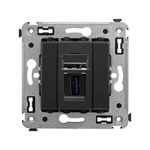 USB 3.0 розетка одинарная в стену, тип А-А, Avanti, черный матовый