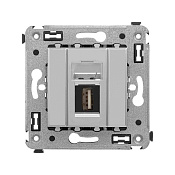 USB 2.0 розетка одинарная в стену, тип А-А, Avanti, закаленная сталь