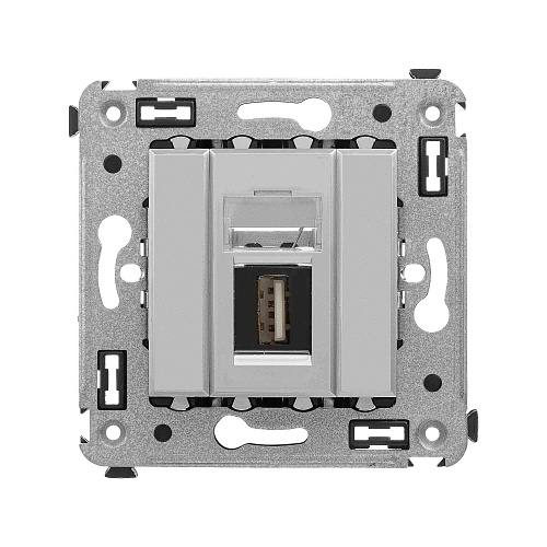 USB 2.0 розетка одинарная в стену, тип А-А, Avanti, закаленная сталь