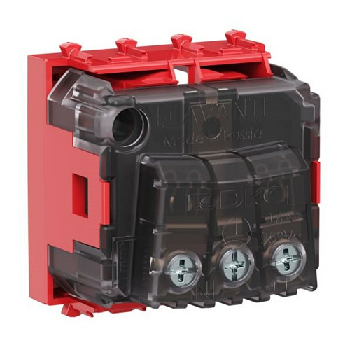 Розетка модульная, 2P+E, с з/ш, Avanti, красный квадрат, 2 модуля