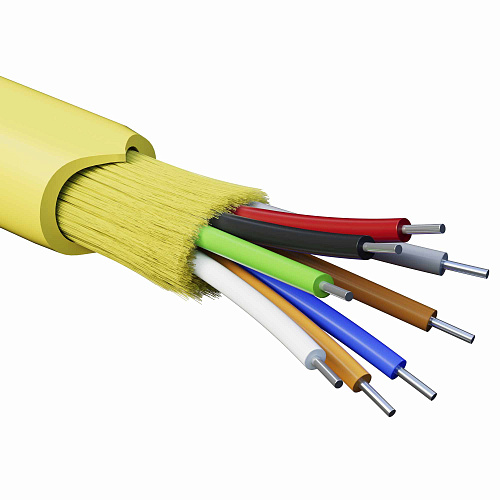 Кабель волоконно-оптический, распределительный, арамидные упрочняющие нити, для внутренней прокладки, нг(A)-HFLTx, 6 ОВ, категорияOS2 (G.652.D) плотный буфер, 0,4 кН, барабан 500 м