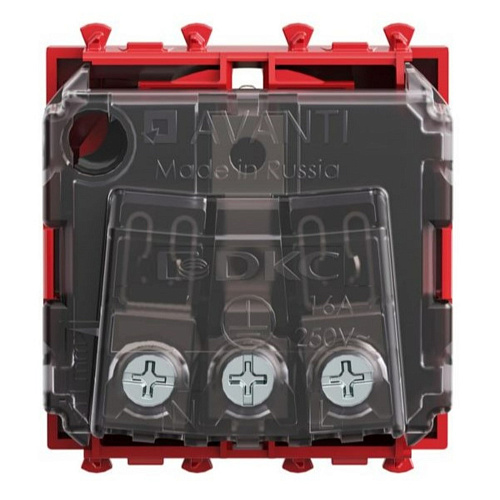 Розетка модульная, 2P+E, с з/ш, Avanti, красный квадрат, 2 модуля