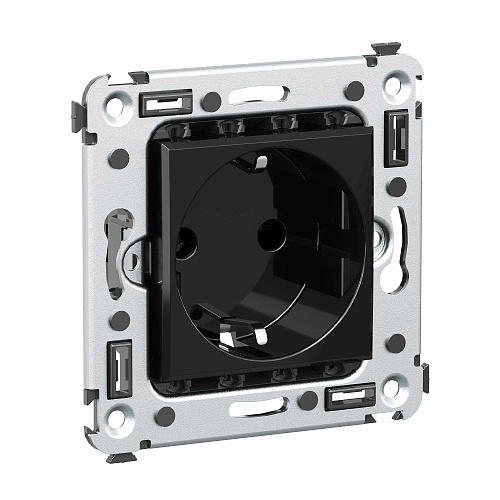 Розетка в стену, 2P+E, с з/ш, Avanti, черный квадрат