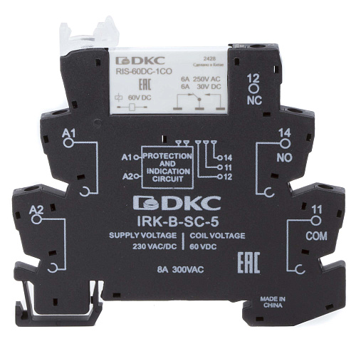 Реле интерфейсное, 1CO, ком. ток 6А, AgSnO2, напряжение 230V AC/DC, винтовые клеммы.