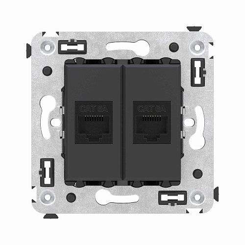 Компьютерная розетка RJ-45 без шторки в стену, кат.6А двойная, Avanti, черный матовый