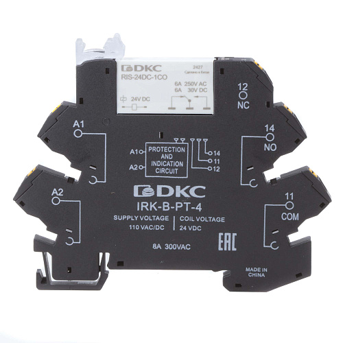 Реле интерфейсное, 1CO, ком. ток 6А, AgSnO2, напряжение 110V AC/DC, push-in клеммы.